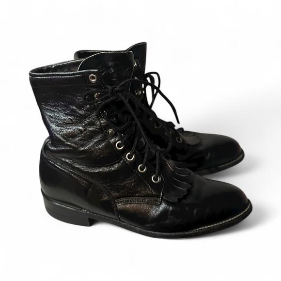 Justin L0506 Western Roper Kiltie Women Leather Black Boots Lace Up  Size 7 B - Picture 1 of 6